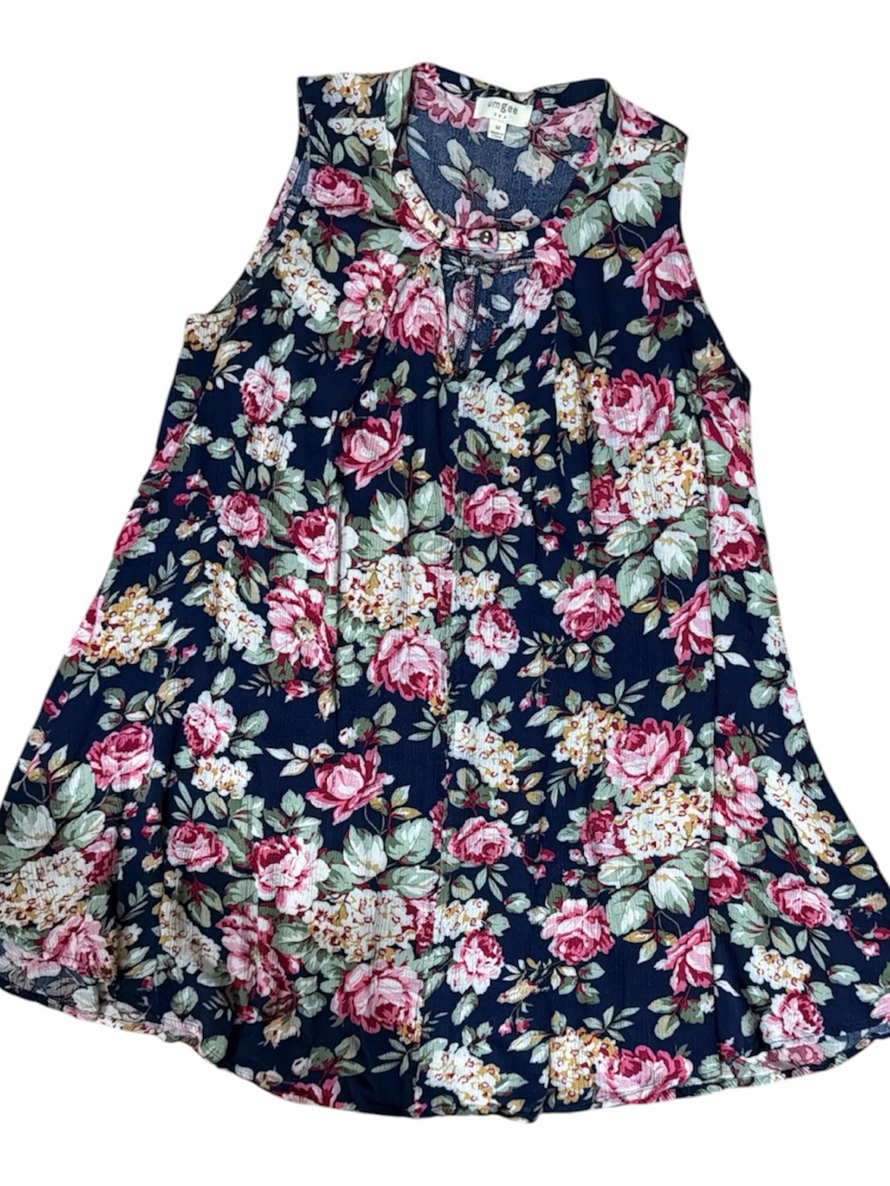 UMGEE Floral Sleeveless Swing Top Button Hole  - Navy with Pink Roses